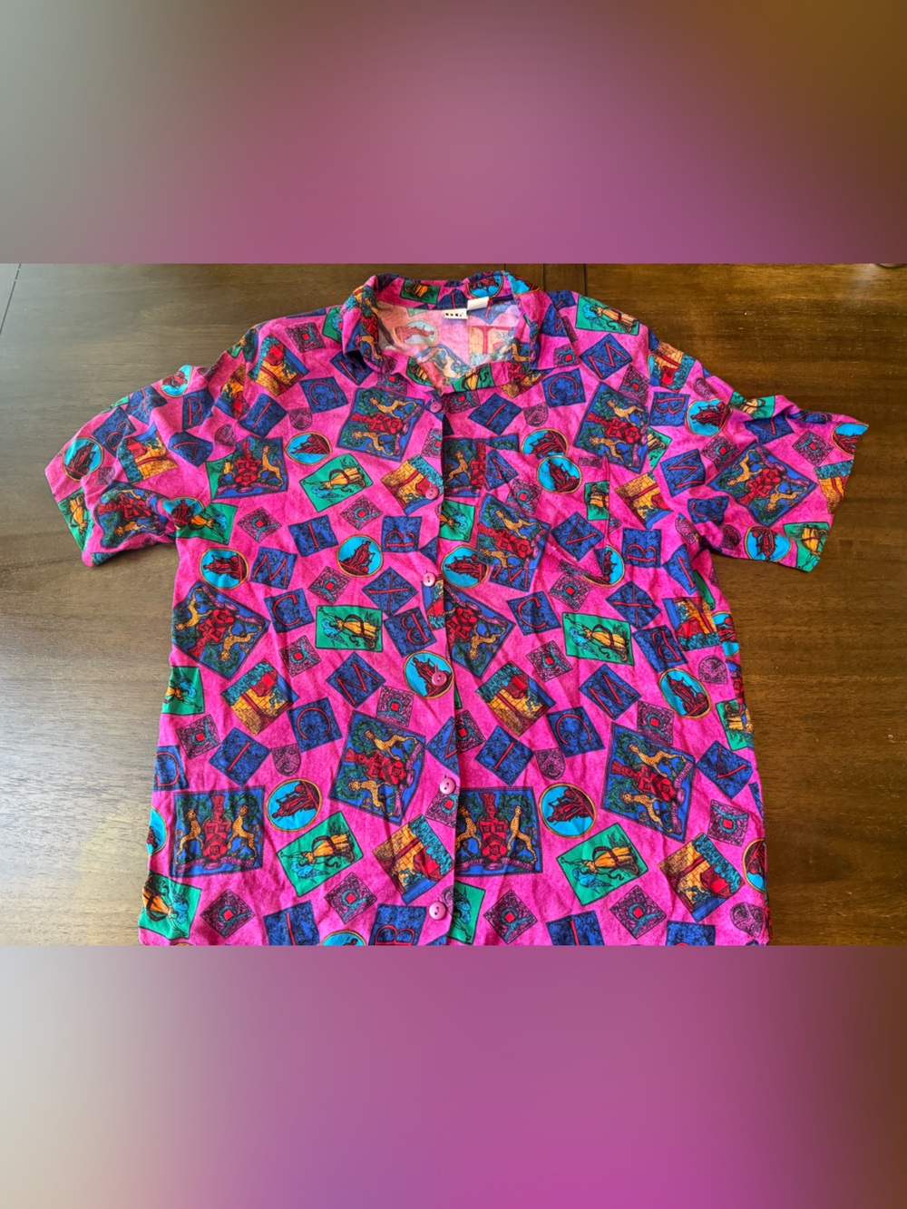 Vintage 90s B.E. Rayon Hot Pink Novelty Print Button Up Shirt L